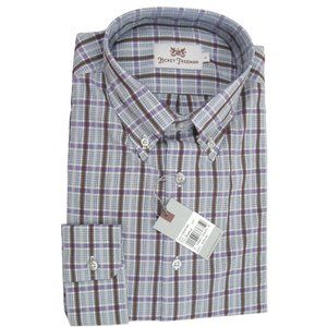NEW $185 Hickey Freeman Button Front Shirt! L XL Purple Brown Black White Plaid